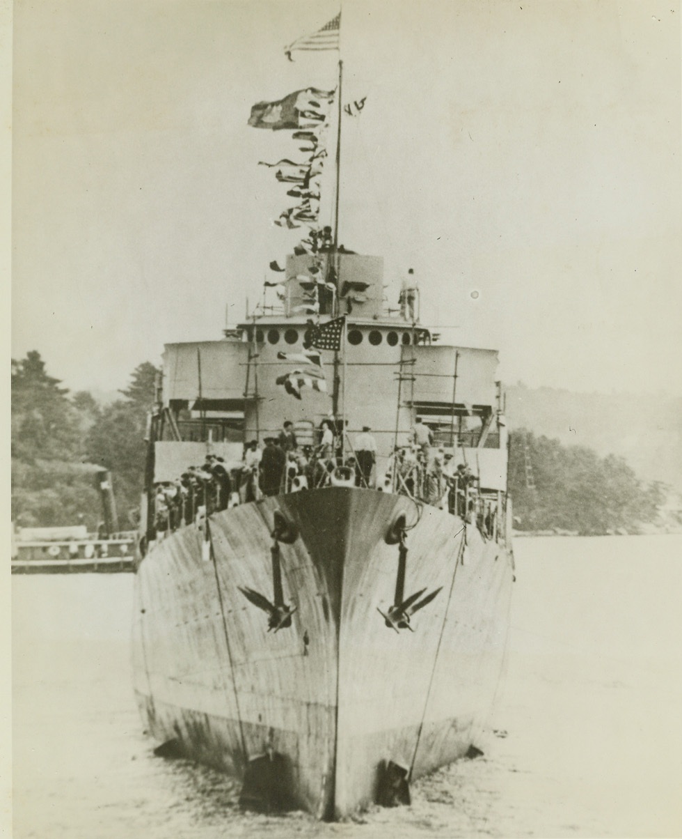 SUNK BY JAPS, 2/21/1943. Photo shows the United States Destroyer, De Haven, which was sunk February 1 during a Japanese air attack off Savo Island in the South Pacific. Credit: U.S. Navy photo via OWI Radiophoto from ACME;