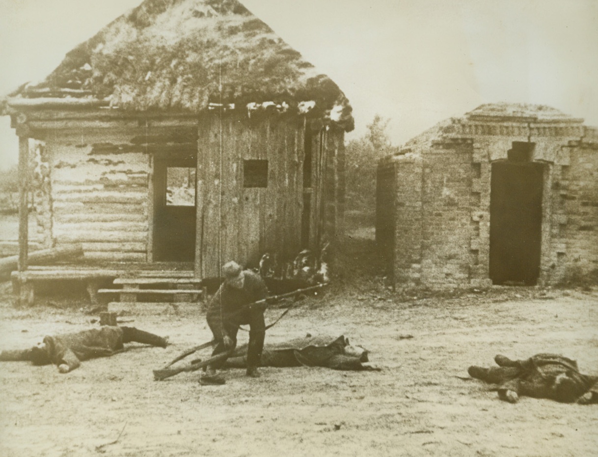 Supplies for Red Guerillas, 2/10/1943.On the Russian Front—A Red Army guerilla fighter collects the guns and ammunition used by these Nazis who fell in the battle for a Russian village. This is the only way guerillas can obtain supplies to continue their fight against the Nazi invaders. Photo is part of March of Time’s documentary film, “One Day of War—Russia, 1943,” which depicts the action along the vast Russian front in a single day. Passed by censors. Credit: Copyright March of Time photo from ACME.;