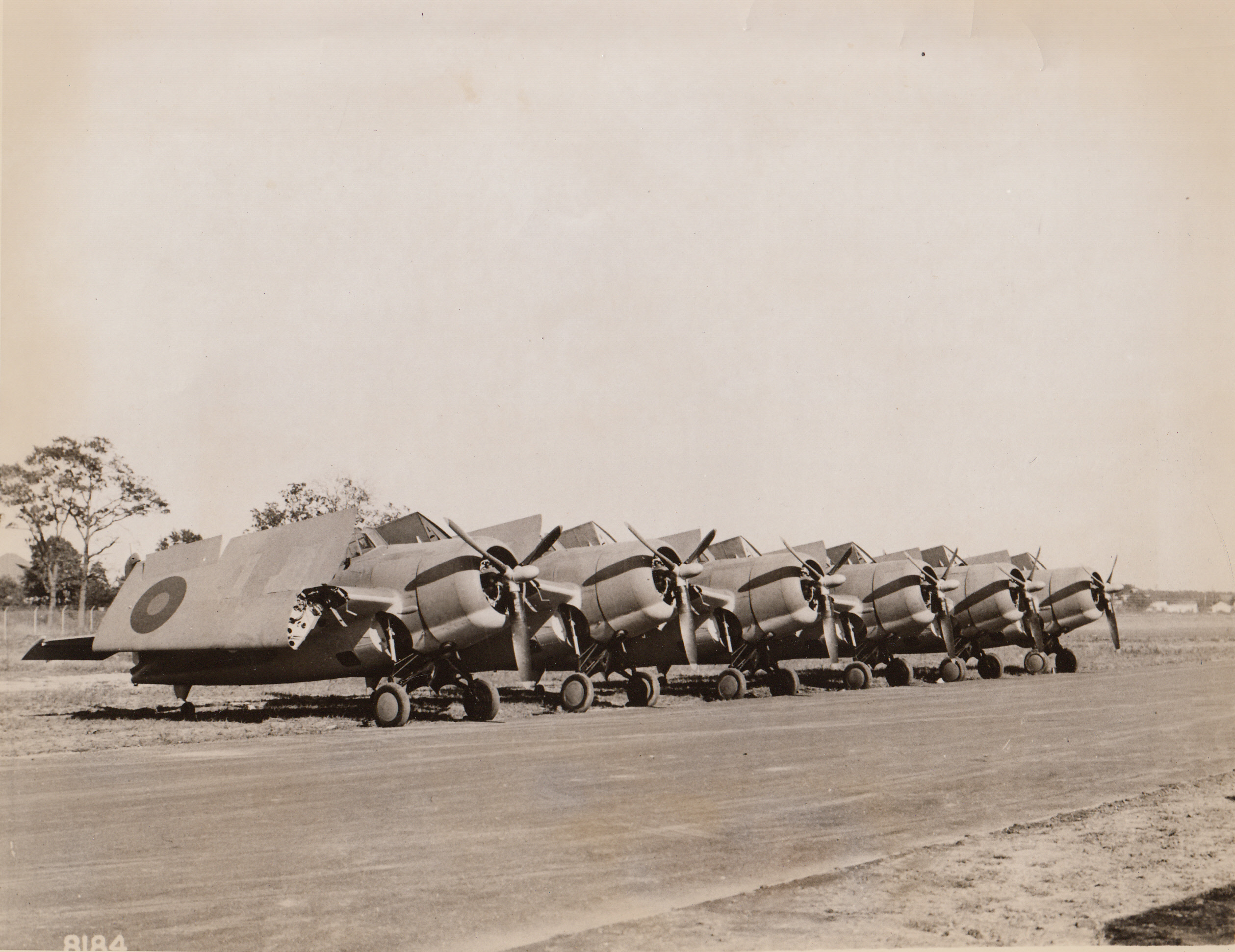 Shipboard Fighters, 1/6/1943. NEW YORK - A line of Grumman "Wildcat" fighters stand ready to spread their folded wings and take off. They are the standard shipboard fighters of the Royal Navy as well as the U.S. Navy. The folding wing practically doubles the number of planes that American and British flat-tops can carry, thereby giving the United Nations a tremendous advantage over enemy carriers of equal tonnage.;