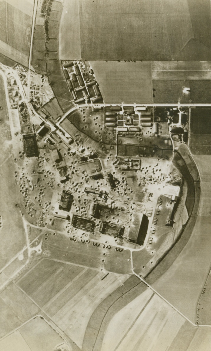 Yank Bombers Blast Martenburg, 10/20/1943. Washington, D.C.—This photo, released today in Washington, shows huge bomb craters and blasted buildings at the Focke-Wulf 190 fighter plane factory at Marienburg, East Prussia, after four raids by large formations of Flying Fortresses and LIberators last Oct. 9th. Called the finest example of daylight precision bombing by Gen. Henry H. Arnold, Chief of the U.S. Army Air Forces, this raid was the deepest penetration yet by the U.S. 8th Air Force. Credit: U.S. Army Air Forces photo from ACME.;