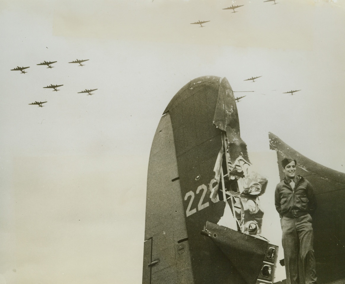 Lucky Gunner Vet of 57 Missions, 10/8/1943. Veteran of 57 missions over enemy territory, Sgt. Harris Goldberg of Brookline, Mass., was Tail Gunner in this war-torn Flying Fortress when the plane was ripped by 20mm fire from enemy cannons. Sgt. Goldberg had completed 42 missions with the RAF before he transferred to his own country’s Air Force. Credit: U.S. Army Air Forces photo from ACME;