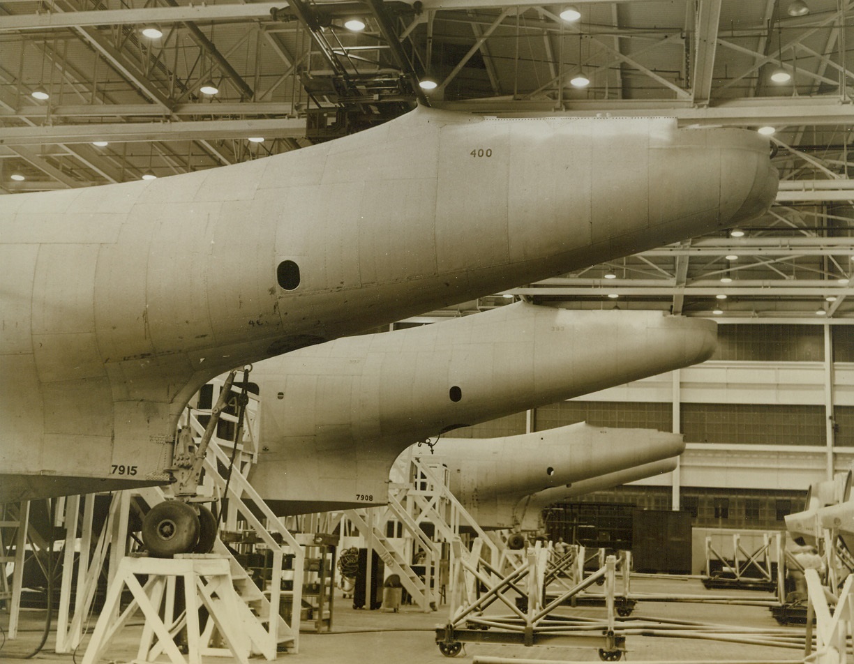 Where Mariner Patrol Bombers are Built, 10/4/1943. Baltimore, MD. - A view of tail sections of huge Martin PBM-3 Mariner Patrol Bombers, along the final assembly line at the Glenn L. Martin plant in Baltimore. (Passed by U.S. Navy Censors). Credit: ACME;