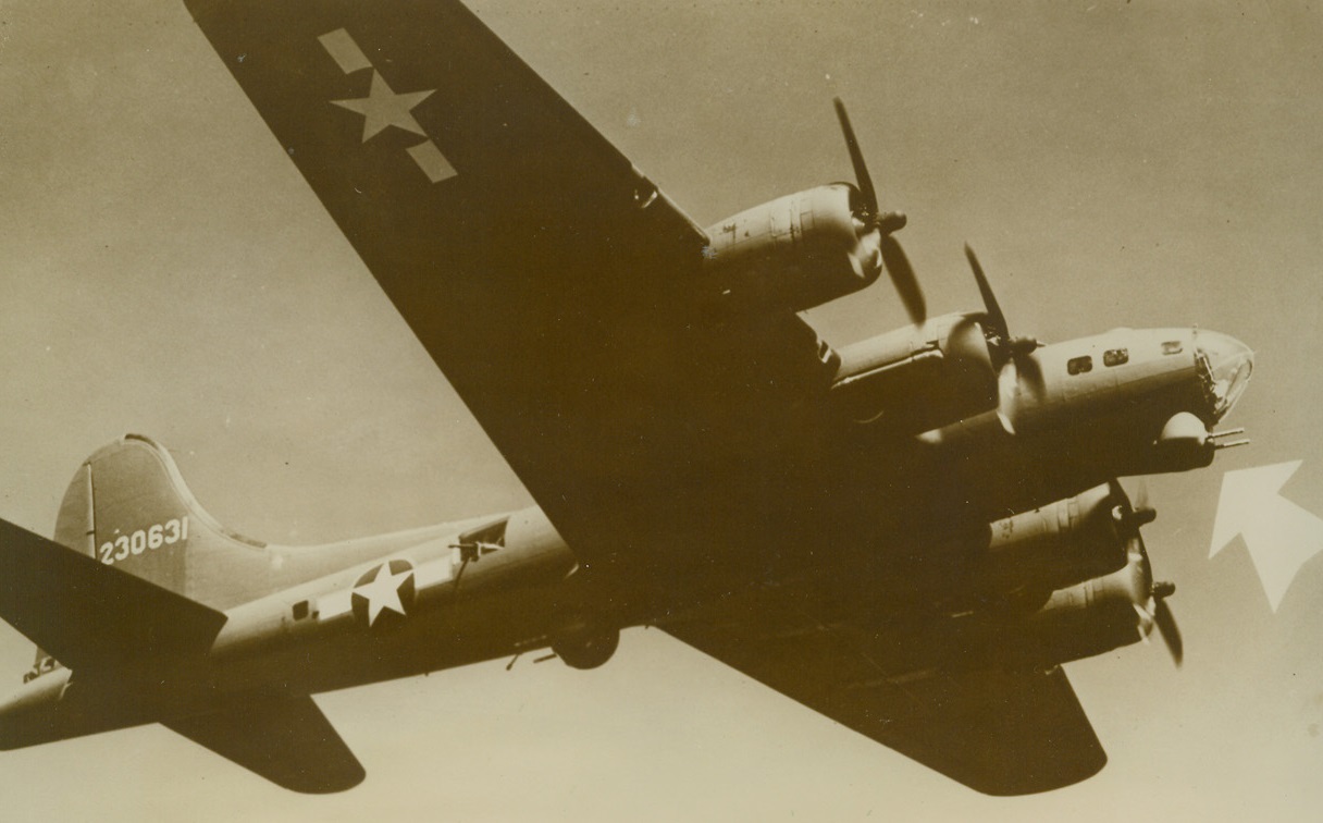 Deadly Chin “Whiskers”, 10/7/1943. Seattle, Wash. - Firepower of the Boeing Flying Fortresses, already credited with being most effective of any aircraft in existence, is increased still further by addition of power-operated “chin turret.” Addition of the new turret, heavy-hitting .50 caliber machine guns, gives the B-17G model a total of 13 guns - four twin gun turrets plus five single guns in various parts of the plane. Credit: ACME;