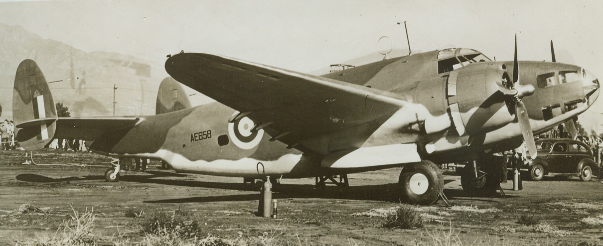 VENTURAS OPERATE OUT OF BRITAIN, 12/8/1942. LONDON:--The British Air Ministry revealed that the American-made Ventura bombers (one of which is shown here) participated in the devastating “zero level” raid on the Philips radio works at Findhoven, Holland. The Ventura is a twin-engined Lockheed-Vega plane, based on Lockheed Loadstar air liner design, with a quick takeoff and ability to climb swiftly at very sharp angle. Credit Line (ACME);