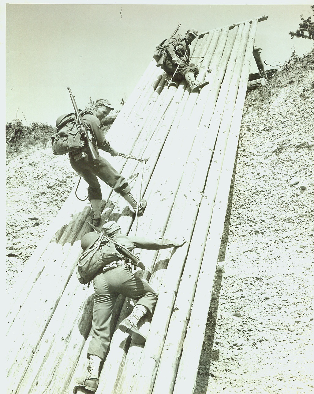 Ski Troops in Winter-Mountaineers in Summer, 8/16/1942. PACIFIC NORTHWEST – A new branch has been added to Uncle Sam’s Army – a full-fledged “Mountain Regiment”, with 1,400 men who are undergoing a rigid and specialized training program. Last winter these same men formed the first organized ski troop battalion in the U.S., but now that the ice and snow has given way to summer heat and dust they are being developed into a regiment intended as a nucleus for similar units of mountain infantry. The regiment’s commanding officer, Col. O.S. Rolph, inaugurated the ski patrol and today personally supervises every phase of the thorough training of the “Mountaineer Infantry”. These photos, taken at the Mountaineering Training Area, show some phases of the training. New York Bureau Carrying slung Garand rifles and a full pack, the men ascend the wooden ramp in teams of three tied together with safety ropes. Notches cut in the logs offer toe and finger holds. Credit: (ACME);