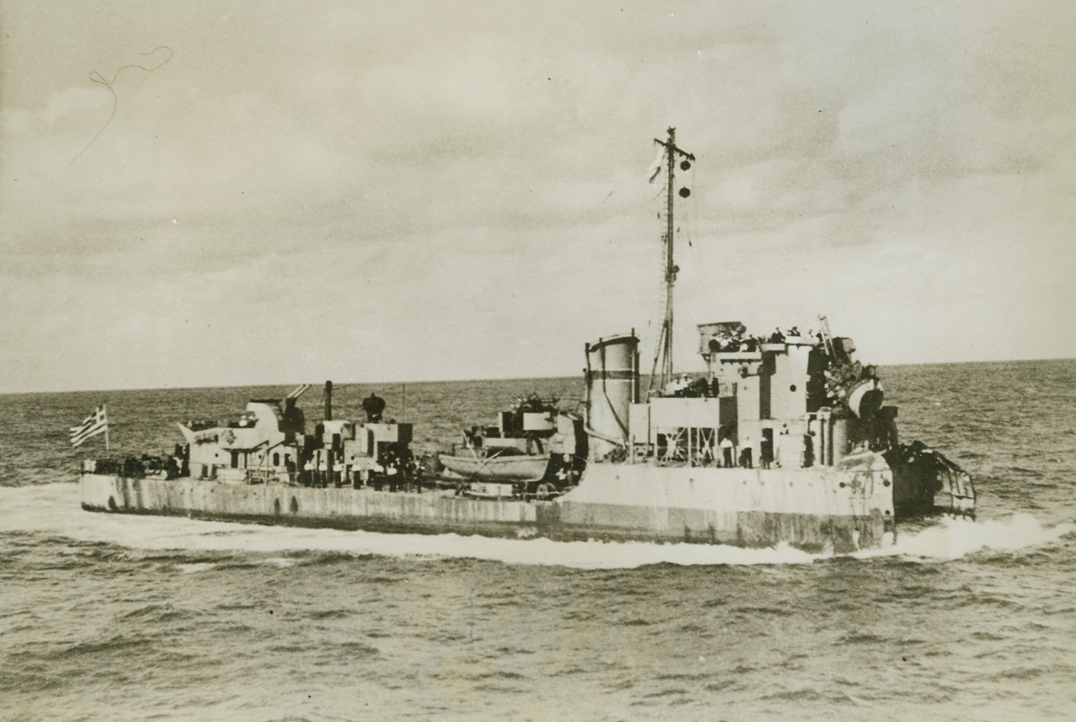 Bowless Ship Plows Home, 1/27/1944. Alexandria, Egypt – With her bow blown off by a mine in the Aegean, the Greek destroyer “Adidas” comes into Alexandria at a speed of eight knots.  Formerly the British hunt class destroyer “Border,” the “Half a Ship” raveled for over 500 miles through dangerous enemy waters. Credit line (ACME);