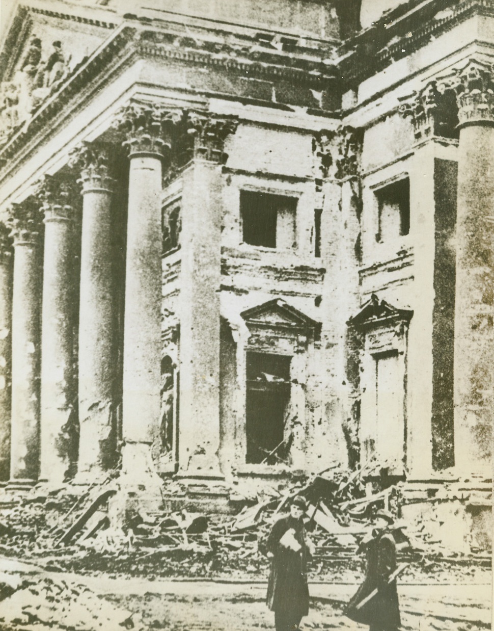 Battered Cathedral, 3/30/1944. BERLIN -- Here is the German Cathedral in Berlin, battered and torn after an Allied air raid over the city, according to the German caption accompanying this photo, which was obtained through a neutral source. The Nazis weep crocodile tears over the damage done to the house of worship although Hitler's followers recognize no God other than their fanatic Fuehrer. Credit Line (ACME);