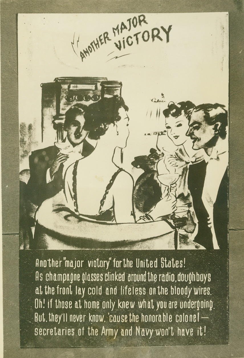 ”THOUGHT WARFARE” –JAP STYLE, 4/27/1944. WASHINGTON, D.C. – Jap propagandists, in a “thought warfare” offensive against American and Australian troops, are using political and pornographic cartoons in a not too subtle attempt to follow the Nazi “divide and conquer” technique. The propaganda—pornographic, nostalgic, and other morale-ebbing methods – is designed to undermine the emotional security of the soldier by representing his wife as unfaithful and the home-front as complacent, well-fed and above all, unconcerned about the fate of men in uniform. The leaflets were made available by the OWI Foreign New Bureau. Credit: ACME;