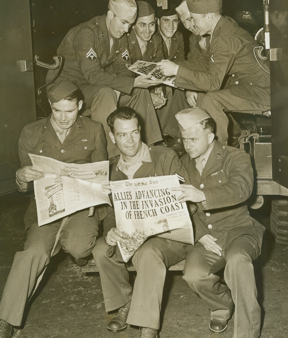 Good News for Gripsholm Arrivals, 6/6/1944. JERSEY CITY N.J.—The first of a group of 51 wounded or ill American soldiers, who arrived I Jersey City this afternoon aboard the exchange liner Gripsholm, read the news of the invasion of western Europe, in the ambulance just before leaving for Halloran General hospital on Staten Island.  The Gripsholm making it’s fourth exchange voyage between Europe and the U. S. also carried 37 Canadian soldiers and 35 civilians.Credit:  ACME;