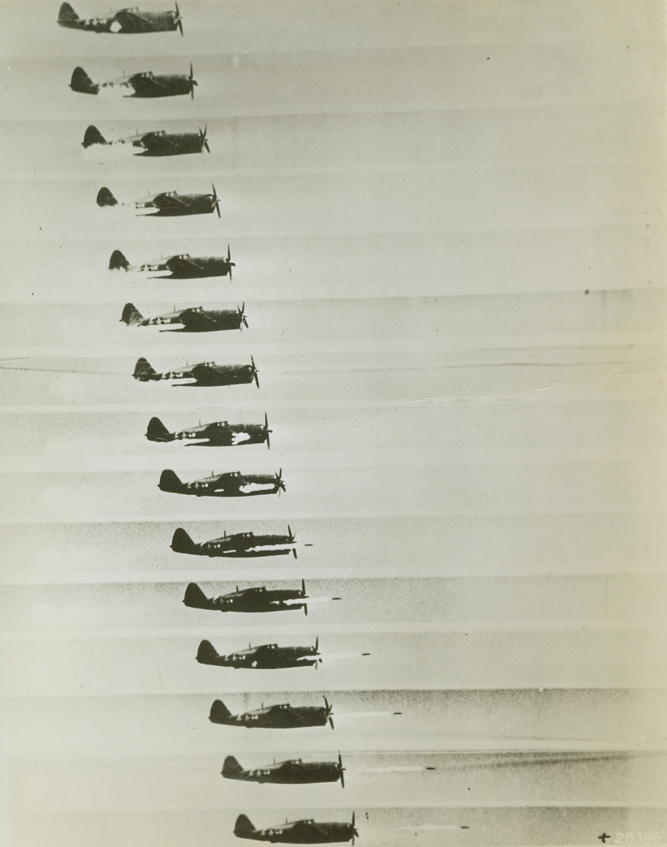 P-47 Sports Super-Armament, 8/1/1944. A deadly weapon of war is this huge P-47 Thunderbolt with its eight .50 caliber machine guns and new rocket gun armament. These high speed photos show the firing of the rocket projectile. The top shows the initial stages of the firing and the succeeding ones follow through until the rocket is shown clear of the plane.  Credit (USAAF Photo from ACME);