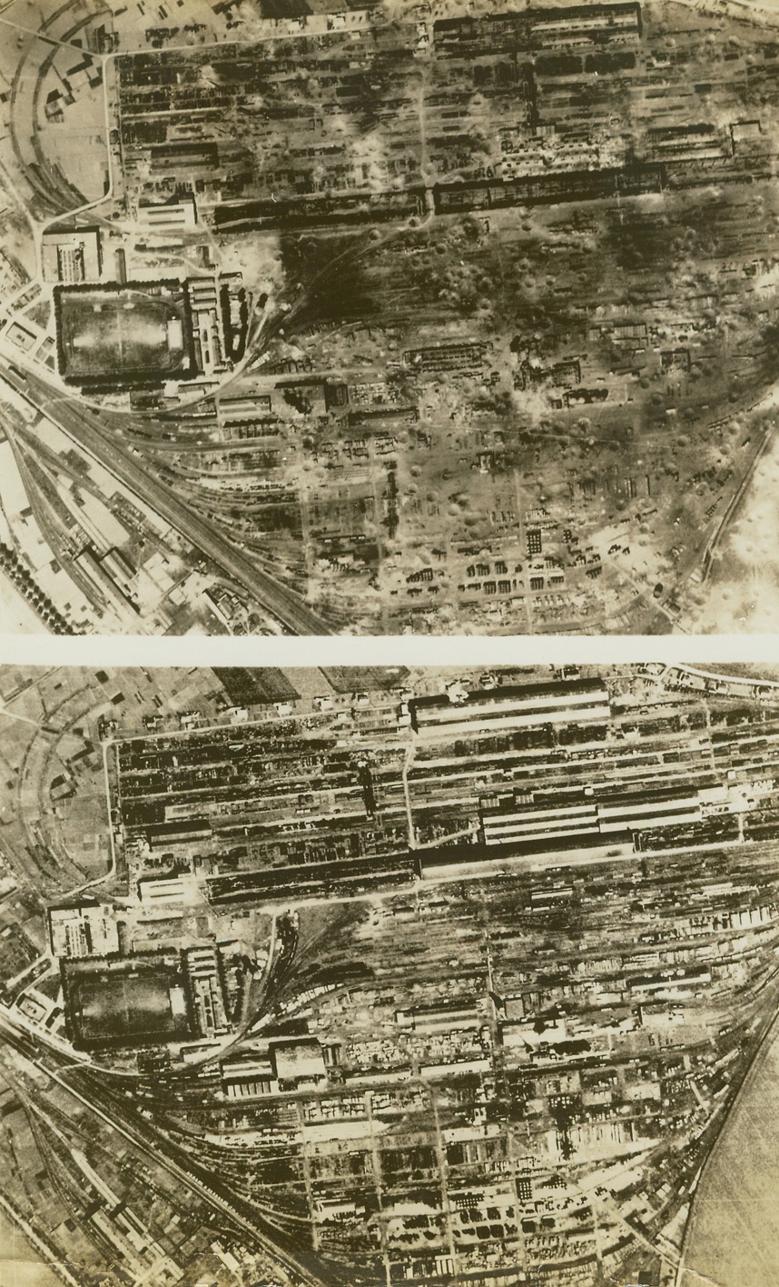 Permanent Way Depot at Chambly, North of Paris. Claimed to be one of the most important and up-to-date permanent way depots in Europe, Chambly was the target of R.A.F. Bomber Command’s attack the night of May 1/2, 1944. British official photos show: Above - The target before the R.A.F. attack. (c. 4328) Below - The same area after attack. The points and crossings shop and the railroad ties impregnation plant, with their allied buildings, have been almost totally destroyed. The stores yards - which were well filled with stores prior to the attack - are saturated with craters and the majority of the contents destroyed or damaged. Many of the buildings have been completely obliterated. (c. 4329);