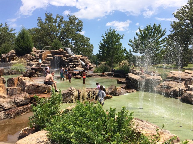 Kids playing at the War Memorial splash pad.