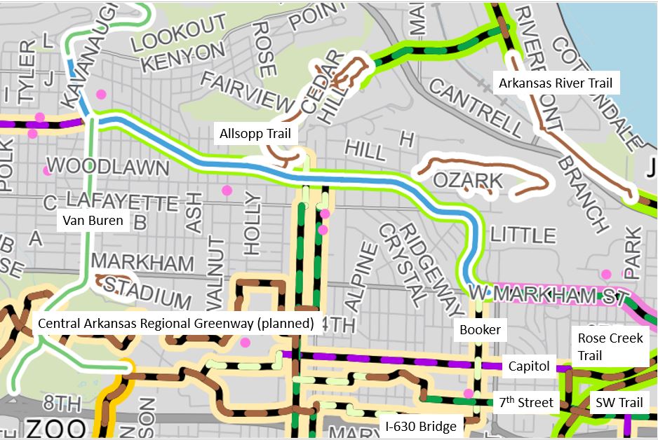 Map showing how Kavanaugh connects existing and proposed bike facilties