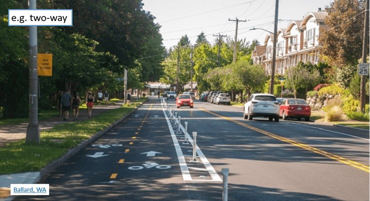 Example of a two-way delineator-protected bike lane in a historic neighborhood.