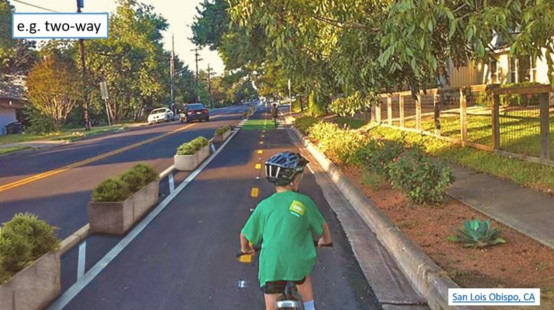 Example of a two-way cycle track protected by planters.