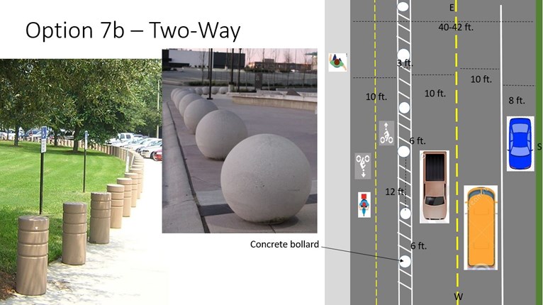 Concept (aerial) of a two-way cycle track protected by concrete bollards.