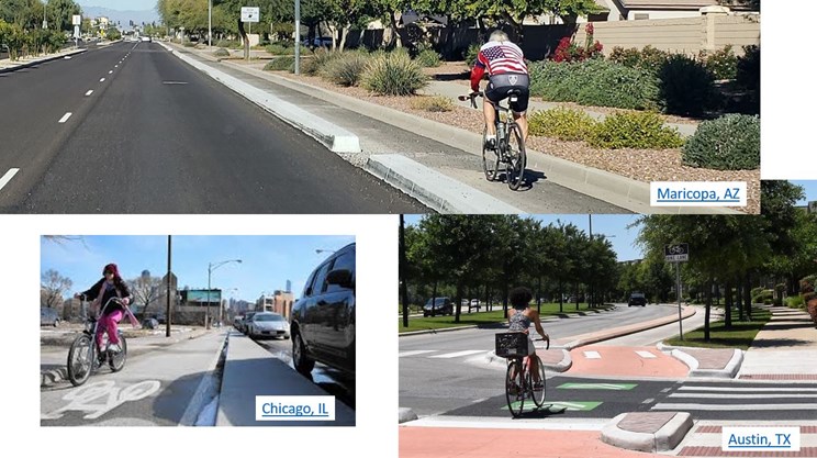 Examples of one-way cycle tracks protected by raised medians