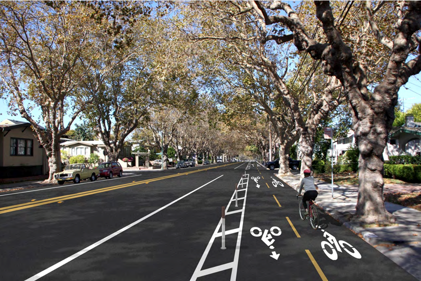 An example of a two-way cycletrack protected by delineators.