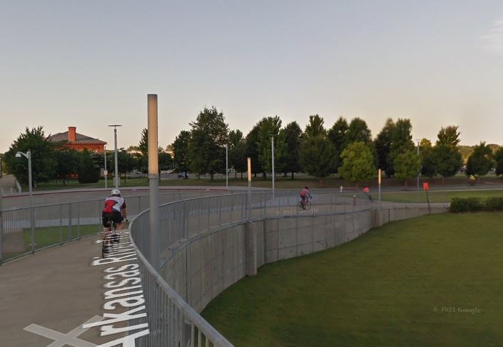 The view from a bicycle coming off the Clinton Bridge on the south side.