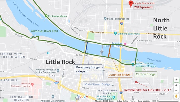 Map showing Recycle Bikes for Kids former and current location.