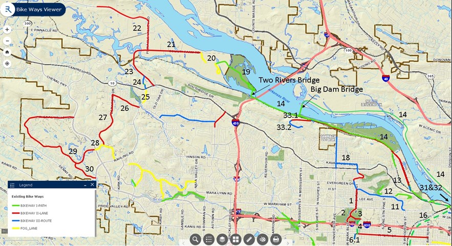 Zoomed out map of an emerging, continuous bike network.