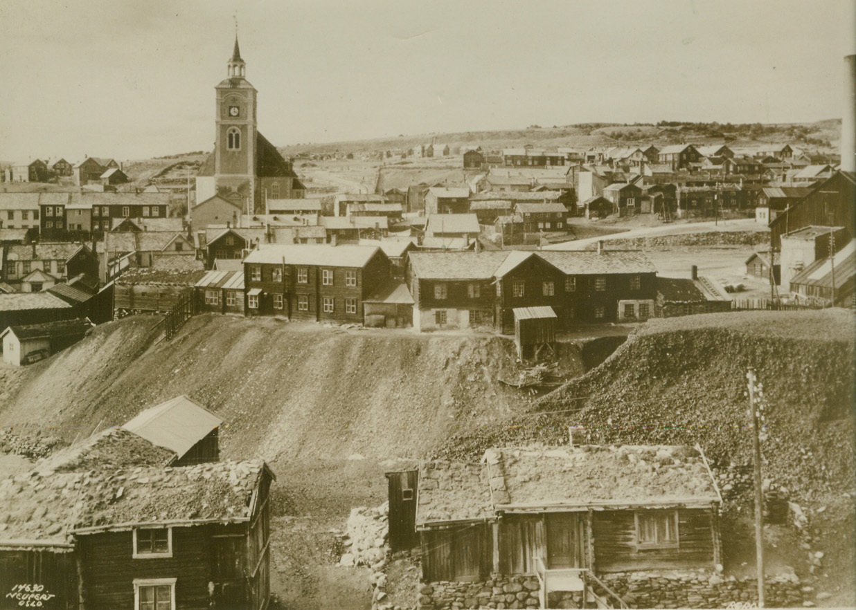 Smashing Germans Reach Roeros, 4/25/1940  ROEROS, NORWAY – A hard driving German column was reported to have reached the Norwegian town of Roeros, shown above in a general view, moving northward from Oslo. Messages reaching the Swedish border April 25th reported that Allied troops had reached the vicinity of Roeros to join the Norwegians in battling the Germans there.Credit: (ACME);