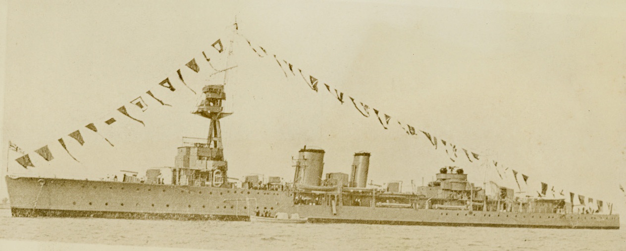 BRITISH CRUISER SUNK BY ITALIAN SUBMARINE, 6/15/1940  LONDON, ENG. – First British man o’ war to fall victim to Italy’s powerful submarine fleet, was the cruiser Calypso, 4, 180-ton warcraft shown above,  An announcement by the British admiralty disclosed today, (June 15).  The cruiser, built in 1917 and refitted in 1929, was sunk in the Mediterranean.  It’s normal complement was more than 400 officers and men. Credit: Acme;