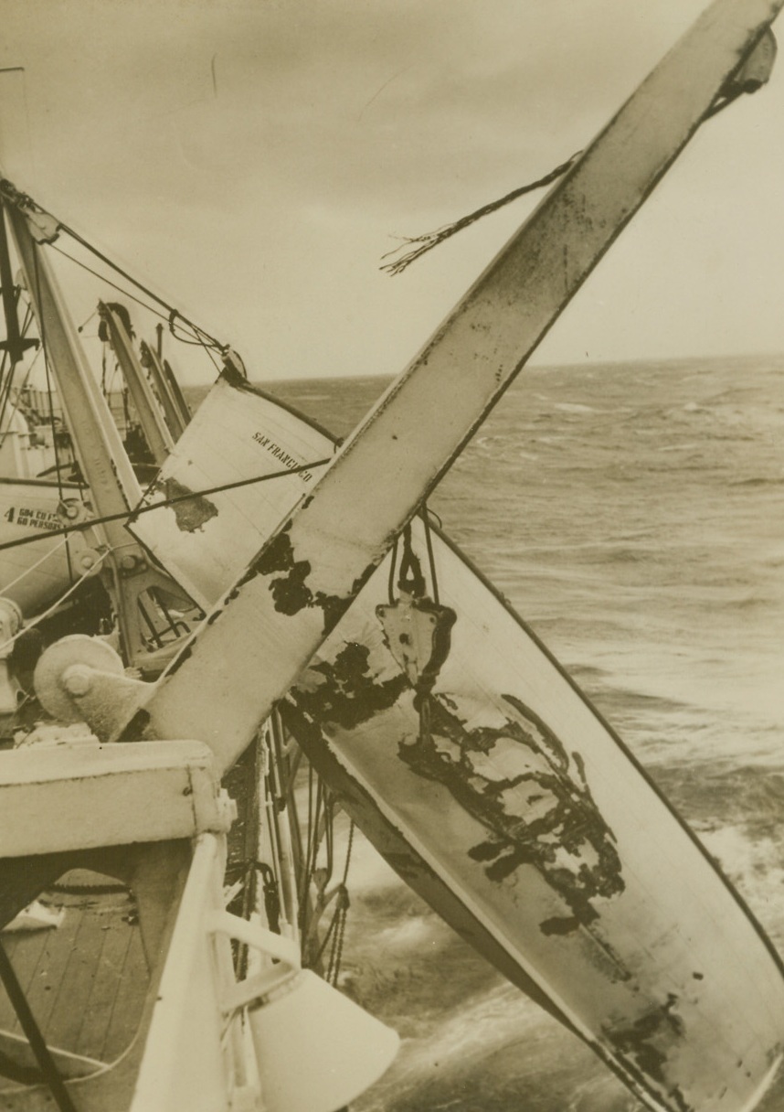 Liner Smashed by Heavy Sea, 1/24/41  At Sea: This life boat was torn loose and battered against the side of the ship when the liner Santa Rosa struck heavy weather during its run from South America to New York, near Bermuda. Much damage was suffered by the ship, which arrived in New York, January 24. Credit: ACME.;