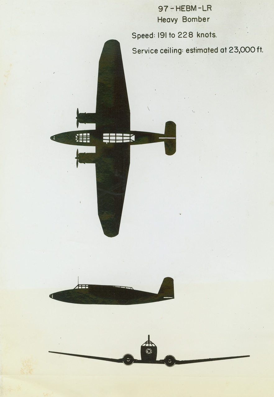 Japanese Wings Over the Pacific, 12/15/41  Washington – To Army and civilian observers in the Pacific area this may be a familiar sight by now: It’s a heavy Japanese Bomber in three silhouette views, and is included in a pamphlet issued by the Navy Department for the information of Civilian Defense Personnel. This Bomber has an endurance of 10 hours, carries four .30 caliber machine guns and a bomb load of 3,300 pounds. Credit: ACME;